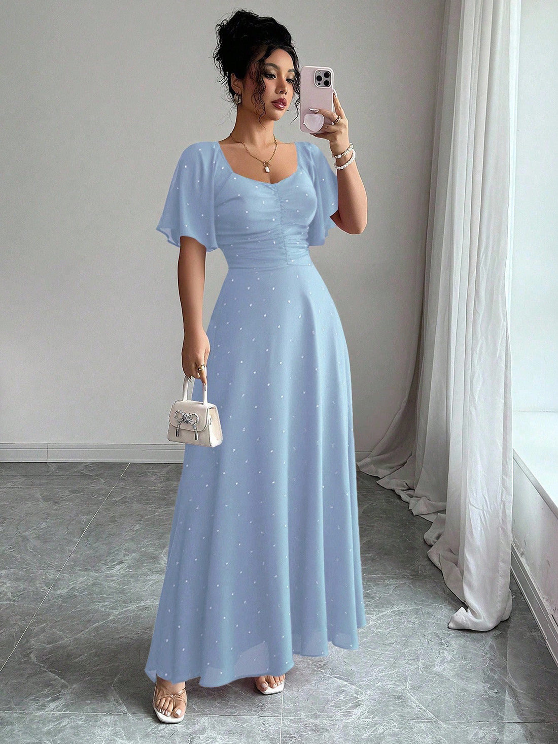 Floral Print Maxi Dress with Flutter Sleeves and Ruched Bust