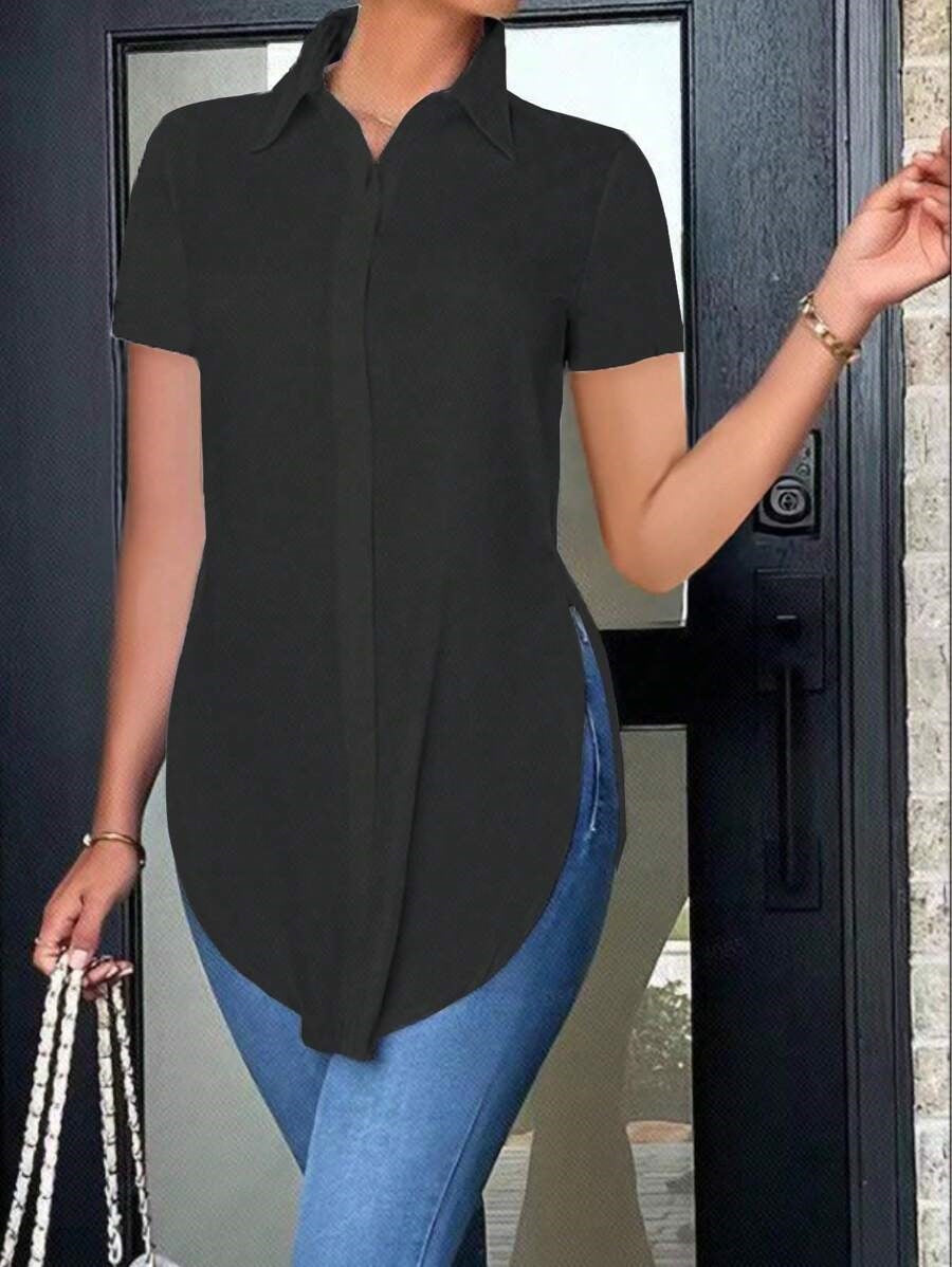 Short Sleeve Button-Down Shirt with Curved High-Low Hem