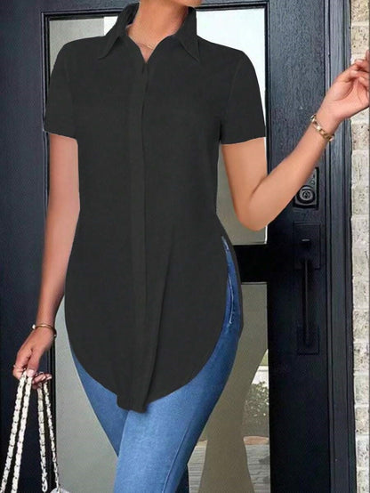 Short Sleeve Button-Down Shirt with Curved High-Low Hem