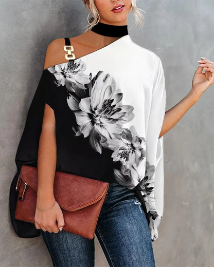 Printed Dolman Sleeve Blouse with Choker Neck and Chain Detail