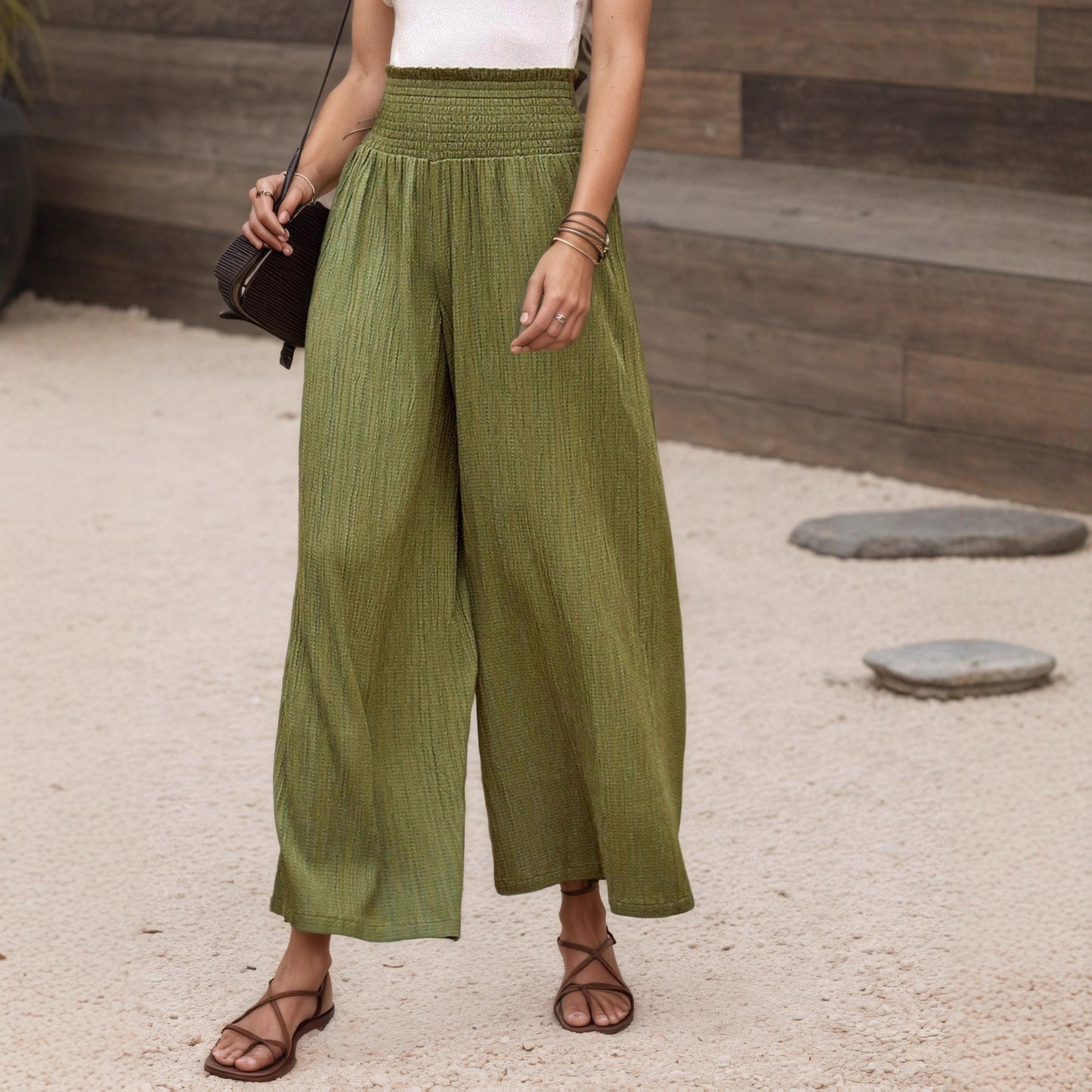 Textured Wide-Leg Trousers with Smocked High Waist