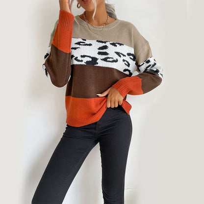 Color-Blocked Leopard Print Sweater with Crewneck