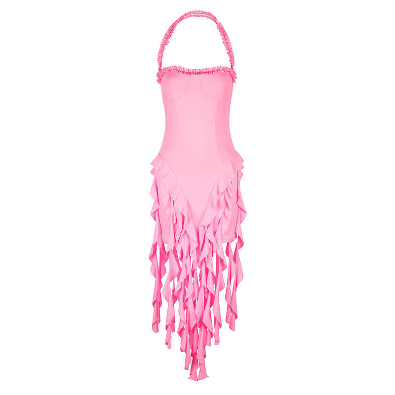 Bodycon Mini Dress with Halter Neck and Tassel Hem