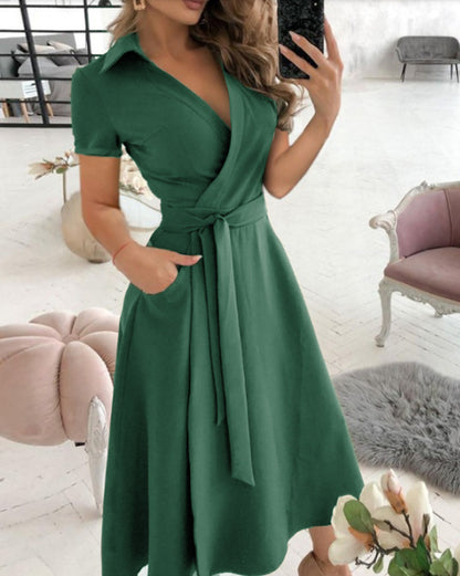 Solid Wrap Midi Dress with Collared V-Neck and Tie-Waist
