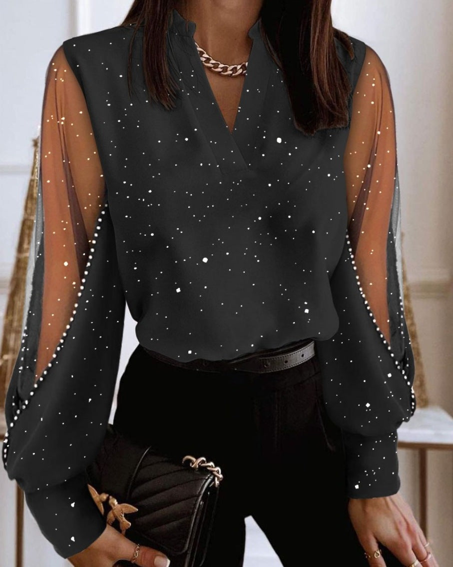 V-Neck Blouse with Embellished Sheer Sleeves