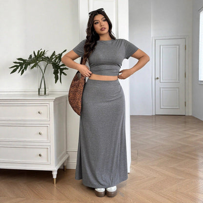 Solid Short-Sleeve Crop Top and High-Waist Maxi Skirt Set
