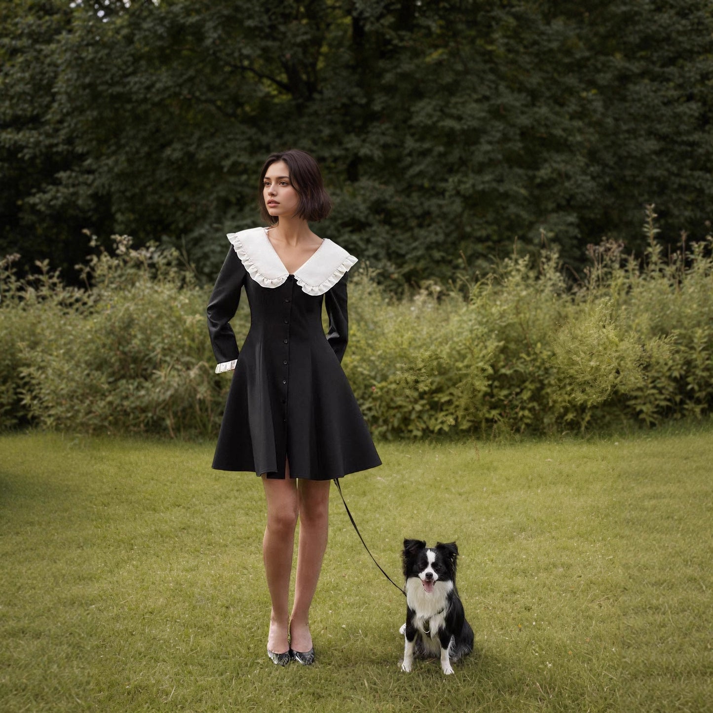 Fit-and-Flare Mini Dress with Doll Collar and Ruffled Cuffs