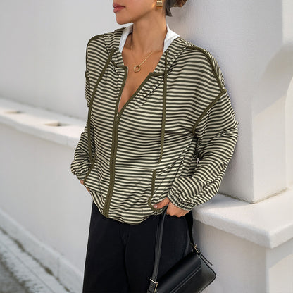 Striped Loose Fit Hooded Jacket with Zipper Front