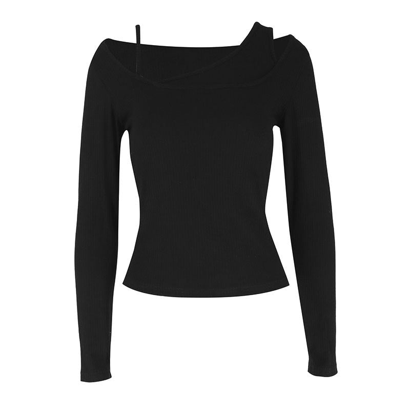 Slim-Fit Long-Sleeve Top with U-Neck and Shoulder Strap Detail