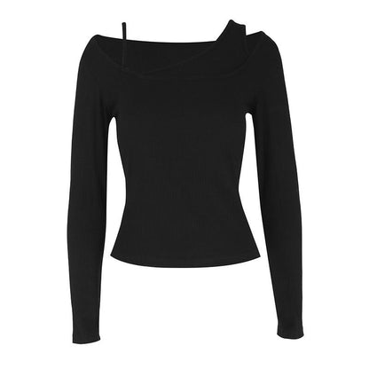 Slim-Fit Long-Sleeve Top with U-Neck and Shoulder Strap Detail