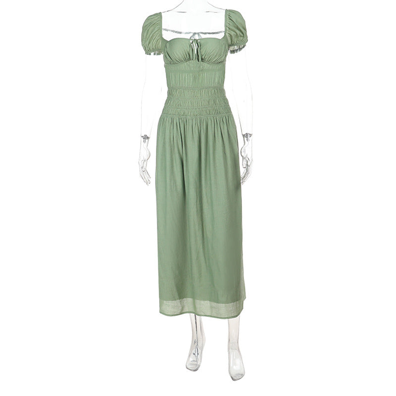 Solid A-Line Maxi Dress with Puff Sleeves and Lace-Up Back