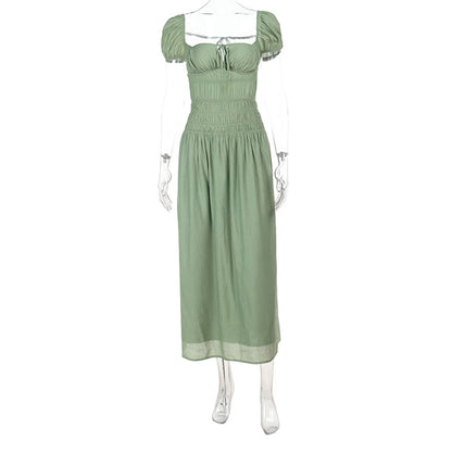 Solid A-Line Maxi Dress with Puff Sleeves and Lace-Up Back