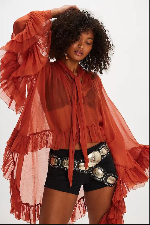 Sheer Chiffon Blouse with Tie-Neck and Ruffled Bell Sleeves