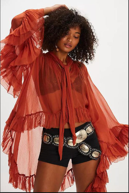 Sheer Chiffon Blouse with Tie-Neck and Ruffled Bell Sleeves
