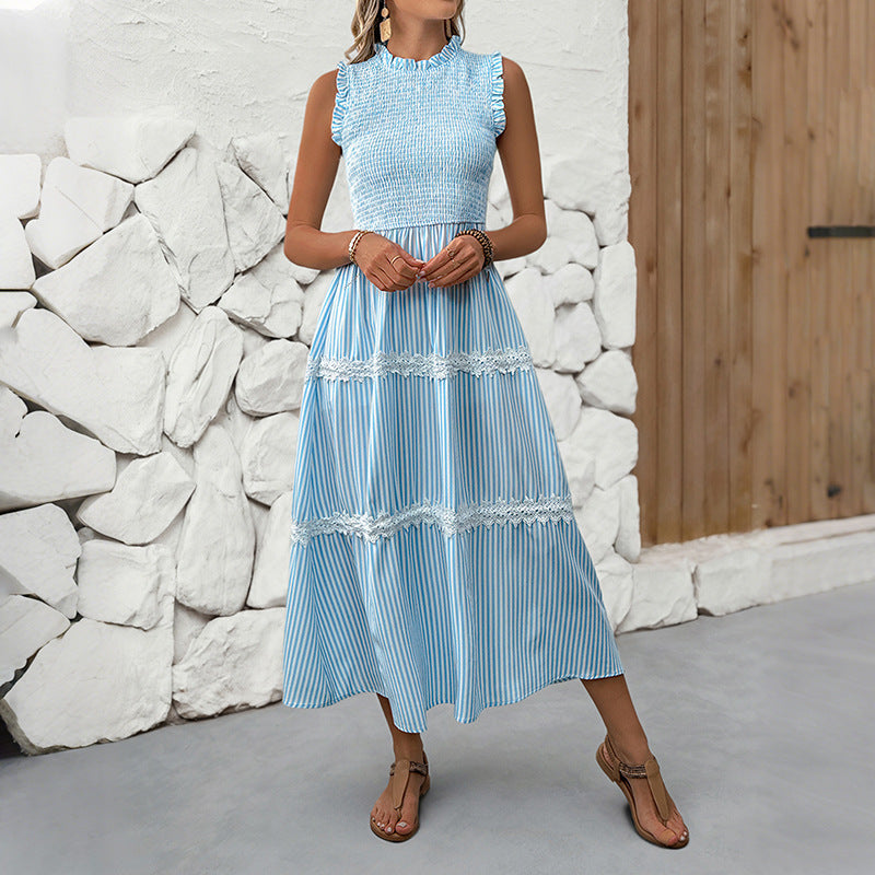 Striped A-Line Midi Dress with Smocked Bodice and Lace Trim