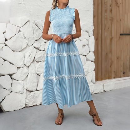 Striped A-Line Midi Dress with Smocked Bodice and Lace Trim