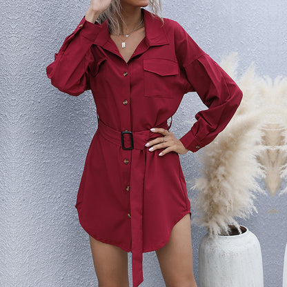 Solid Long-Sleeve Lapel Shirt Dress with Belted Waist