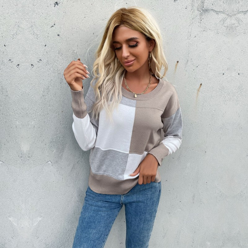 Contrast Color Patchwork Knitted Pullover with Round Neck
