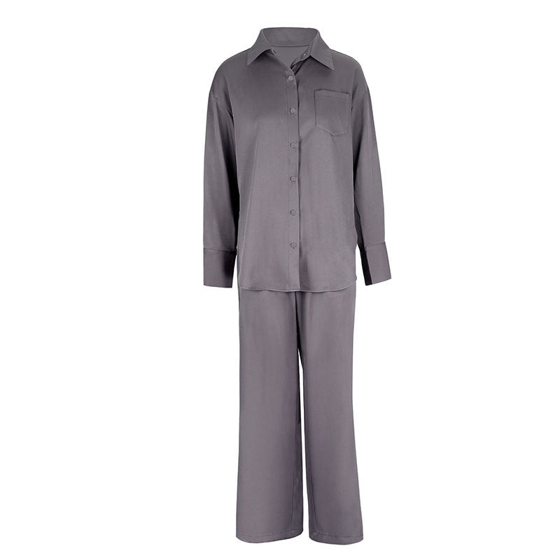 Solid Two-Piece Set with Button-Down Shirt and Wide-Leg Trousers