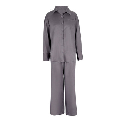 Solid Two-Piece Set with Button-Down Shirt and Wide-Leg Trousers