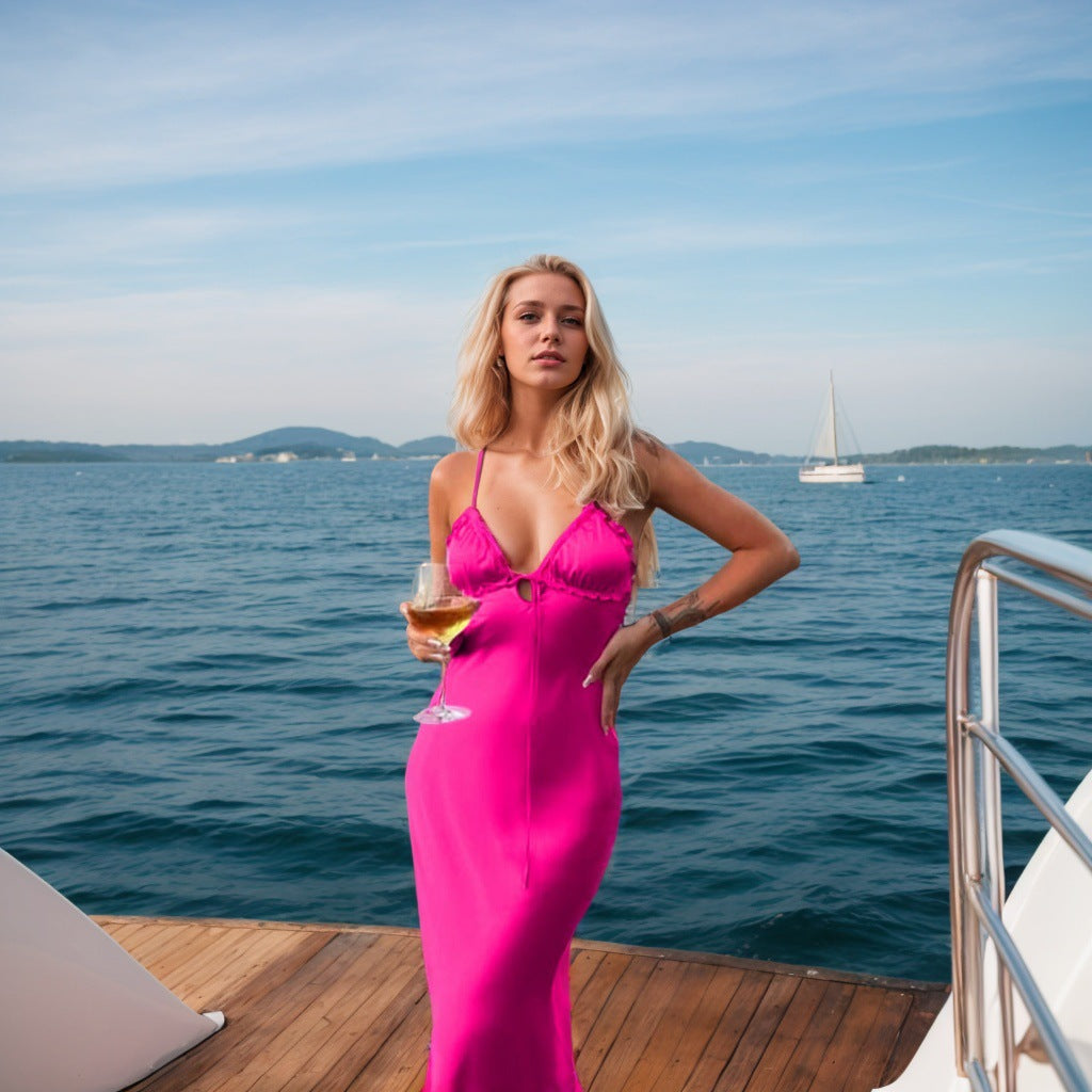 Solid Rose Red Slip Maxi Dress with V-Neck and Ruffled Bust