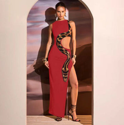 Sleeveless High Waist Snake Print Long Dress Hollow Design