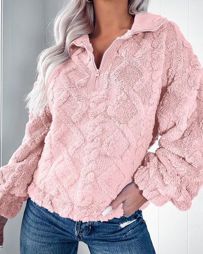 Quilted Plush Pullover with Half-Zip Stand Collar