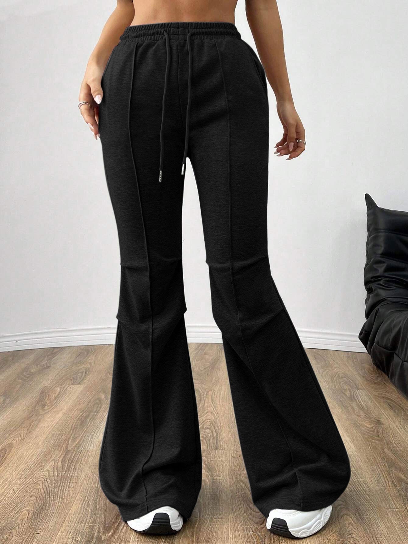 Wide-Leg Bootcut Sweatpants with Drawstring and Pintuck Seams