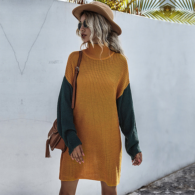 Oversized Color-Block Sweater Dress with Turtleneck