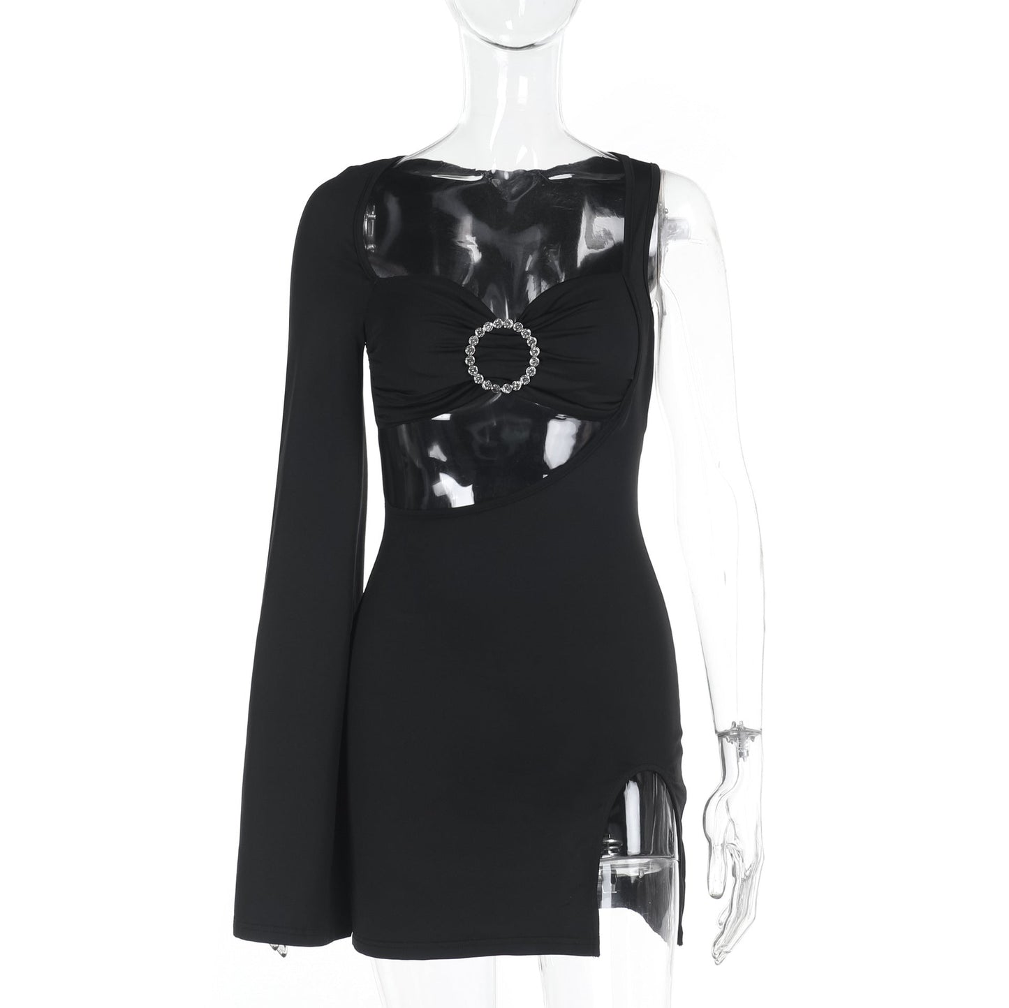 Hollow U-Collar A-Line Dress With Metal Buckle Black