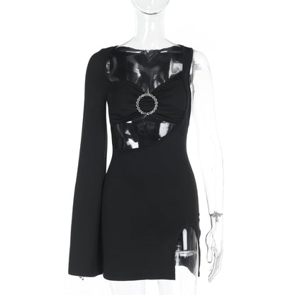 Hollow U-Collar A-Line Dress With Metal Buckle Black