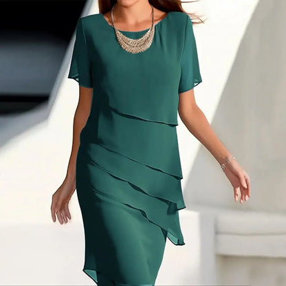 Sheath Midi Dress with Layered Chiffon Overlay and Short Sleeves