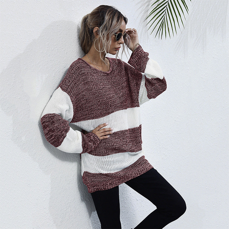 Oversized Striped Color-Blocked Knit Sweater with Crewneck