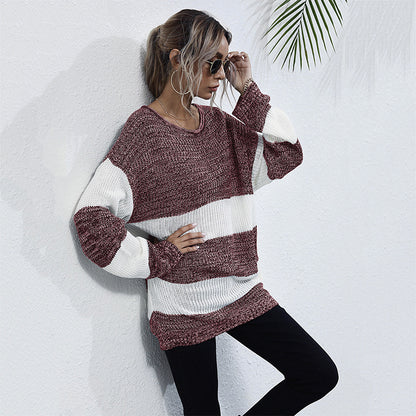 Oversized Striped Color-Blocked Knit Sweater with Crewneck