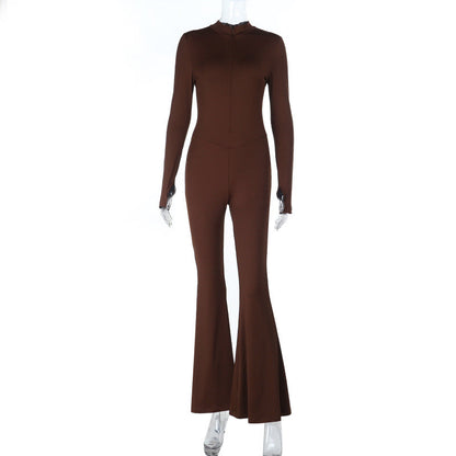 High Waist Long Sleeve Solid Color Jumpsuit Brown