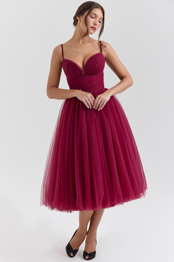 Fit & Flare Midi Dress with Sweetheart Neckline and Tulle Skirt
