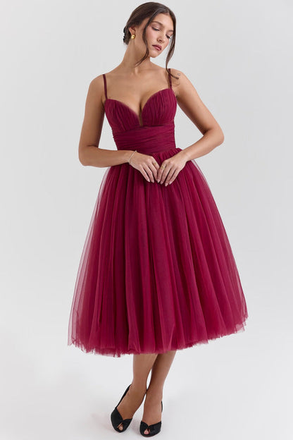 Fit & Flare Midi Dress with Sweetheart Neckline and Tulle Skirt