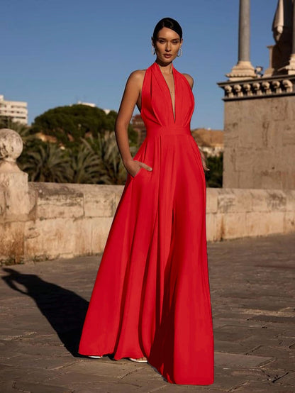 Wide-Leg Jumpsuit with Halter Neck and Deep V-Neck