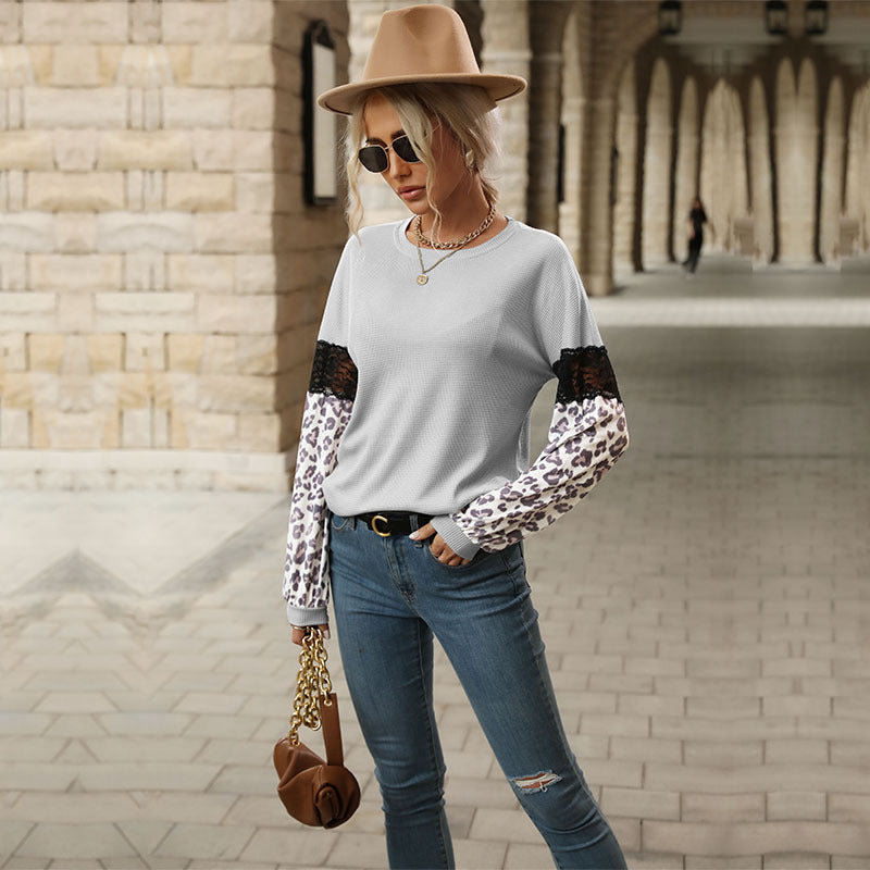 Waffle Knit Patchwork Top with Leopard Print and Lace Detail