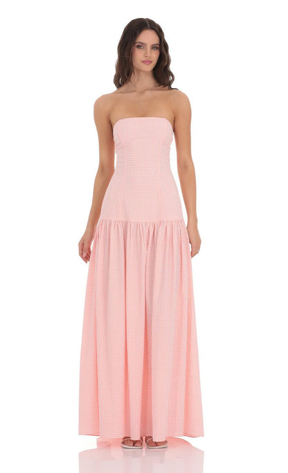 Gingham Strapless Maxi Dress with Smocked Back