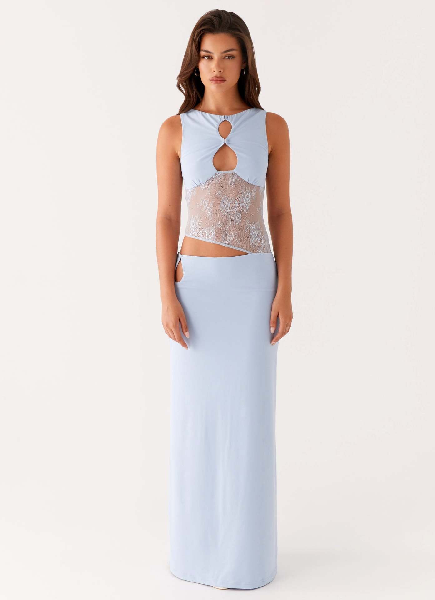 Bodycon Maxi Dress with Asymmetric Lace Panel and Cut-Outs