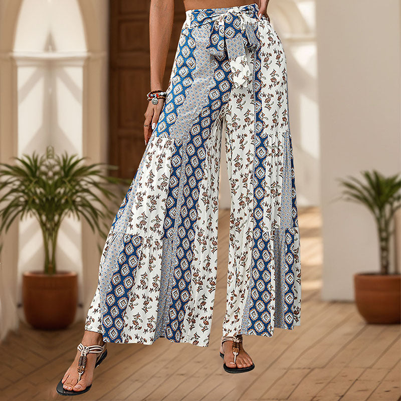 Floral Print Wide-Leg Pants with Tiered Hem and Tie-Waist