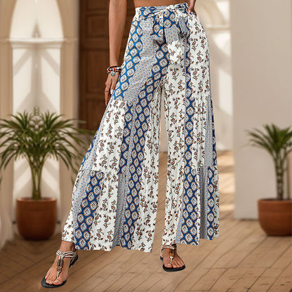 Geometric Floral Print Wide-Leg Pants with Tie-Waist and Tiered Hem