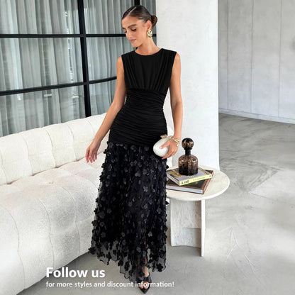 Ruched Sleeveless Maxi Dress with 3D Floral Appliqué