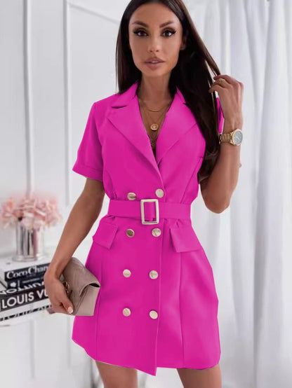 Double-Breasted Short-Sleeve Blazer Mini Dress with Belt