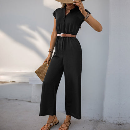 Sleeveless Wide-Leg Jumpsuit with V-Neck and Belt
