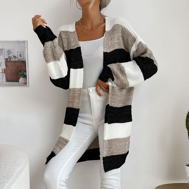 Striped Open Front Cardigan with Long Length