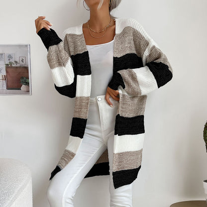 Striped Open Front Cardigan with Long Length