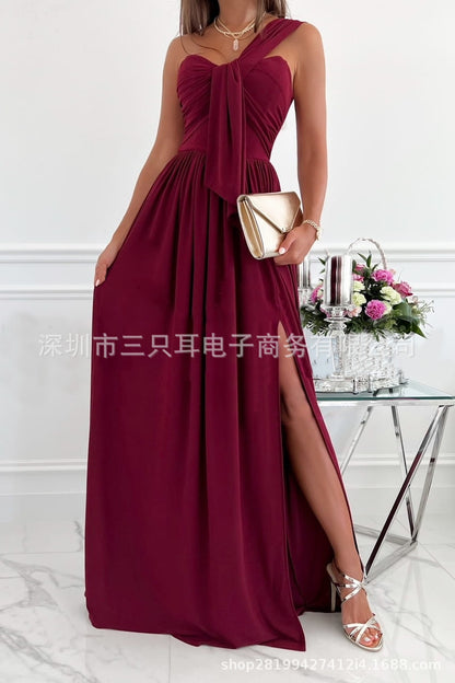 Solid Maxi Dress with One-Shoulder Knot Detail and Side Slit