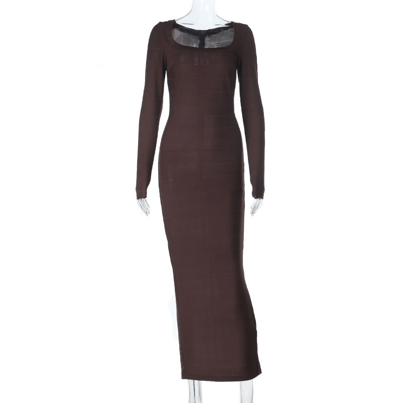 Off-Shoulder Long Sleeve Bandage Dress Solid Color Patchwork